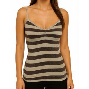 Vintage Y2K Glittery Striped Cami Tank Top Ruched Brown Cream Metallic Sz S